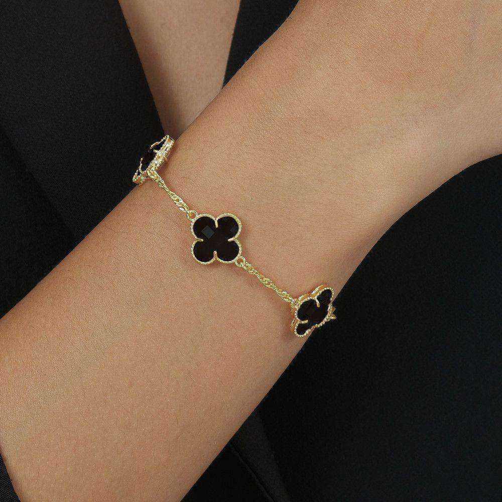 Pulseira Dourada Trevos Zircônia Preta - Galeria